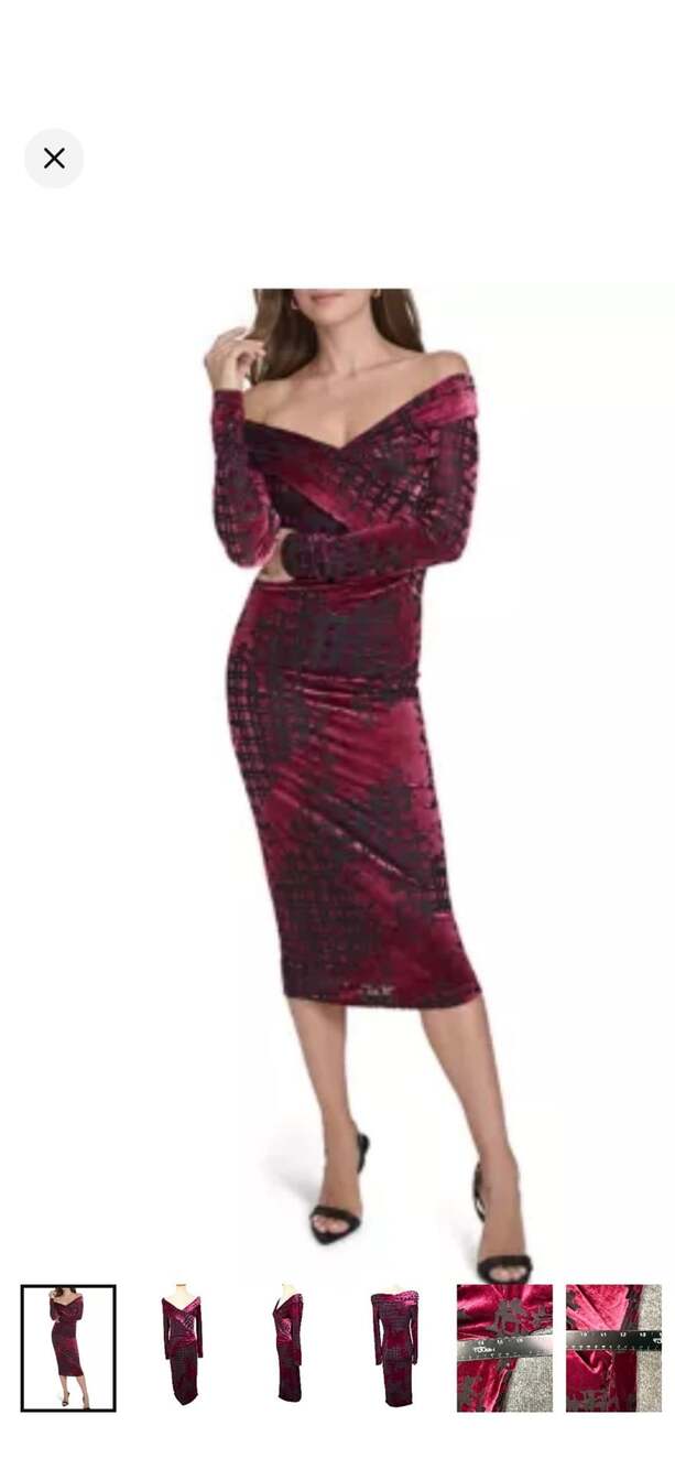 Halston NWT Burgundy Velvet Off Shoulder Ruched Midi Cocktail Dress Size 2